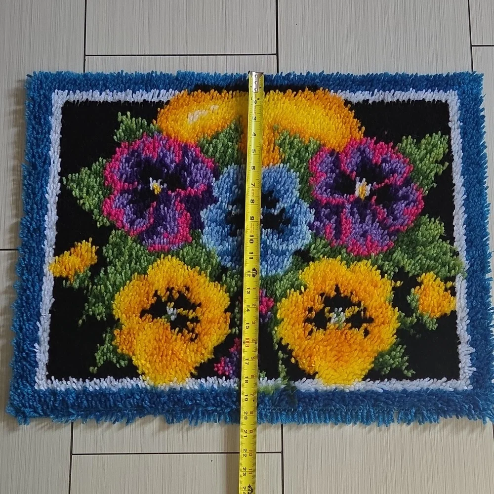 Completed Caron Wonderart Pot of Pansies Rug